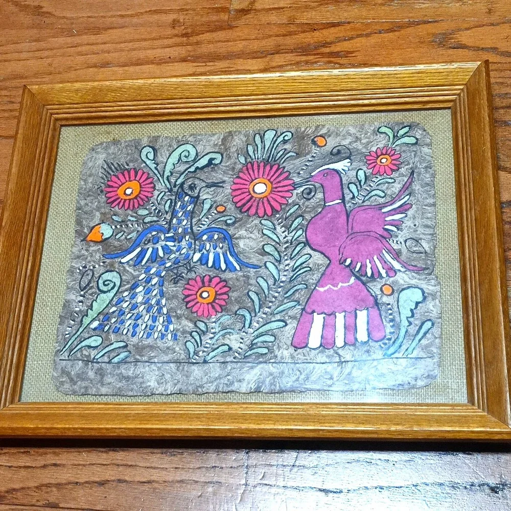 VTG Mexican Amate Bark Paper Folk Art Hand Painted Birds in Frame 18.5 x 14.5
